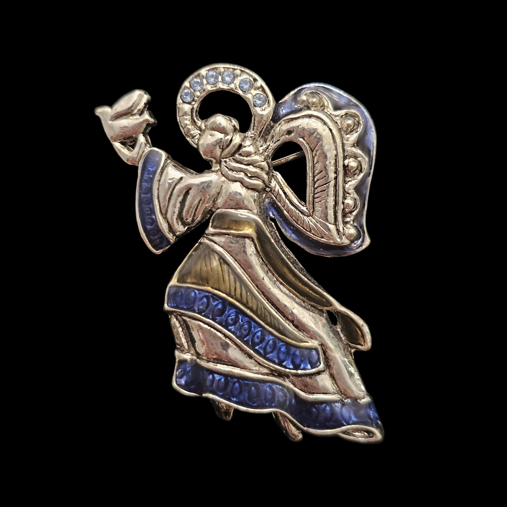 Vintage AAI Angel Brooch Silver Tone Blue Enamel Rhinestone Halo Holding Dove